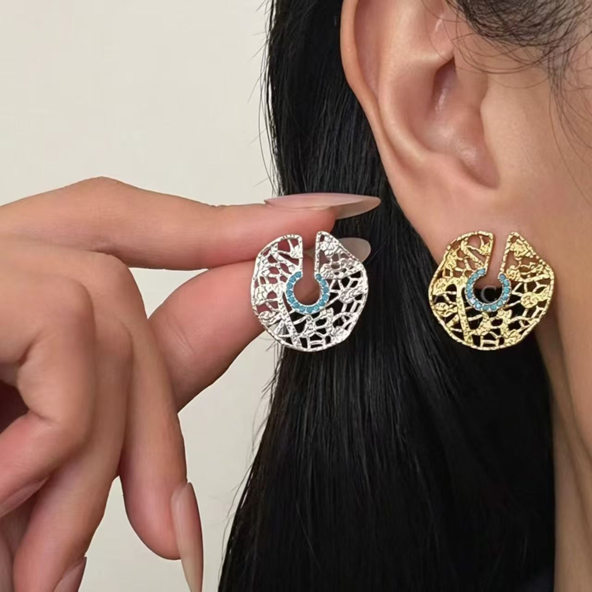 Gold & Blue Turquoise Hoop Earrings