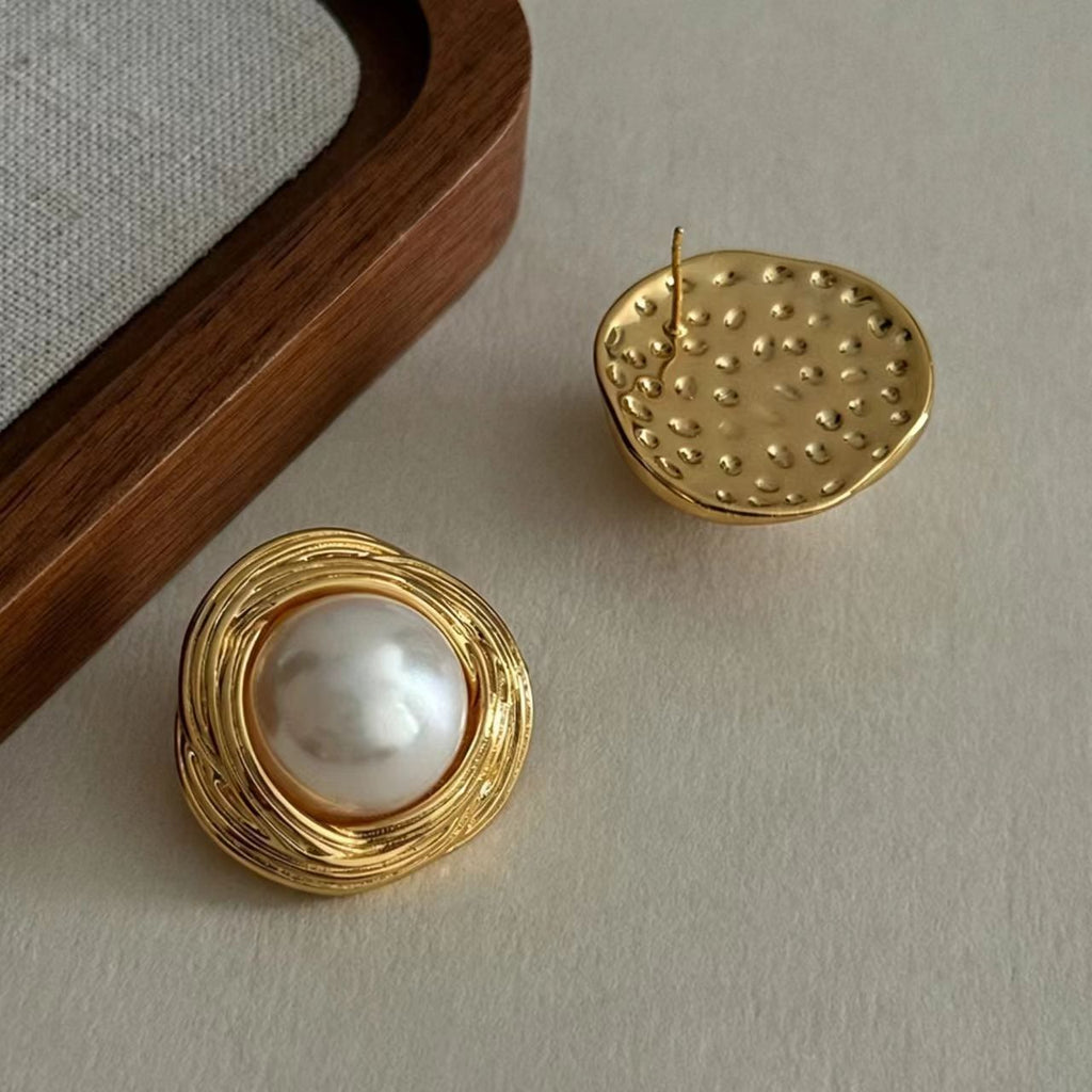 White Glass Bead Gold-Plated Earrings