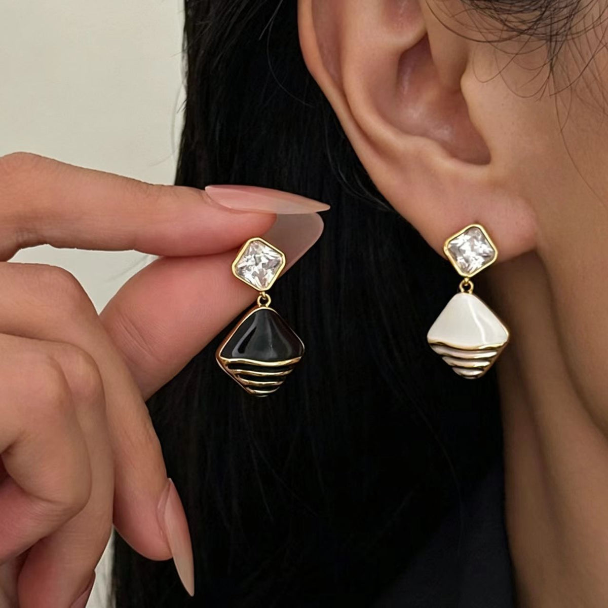White Rhinestone Enamel Earrings