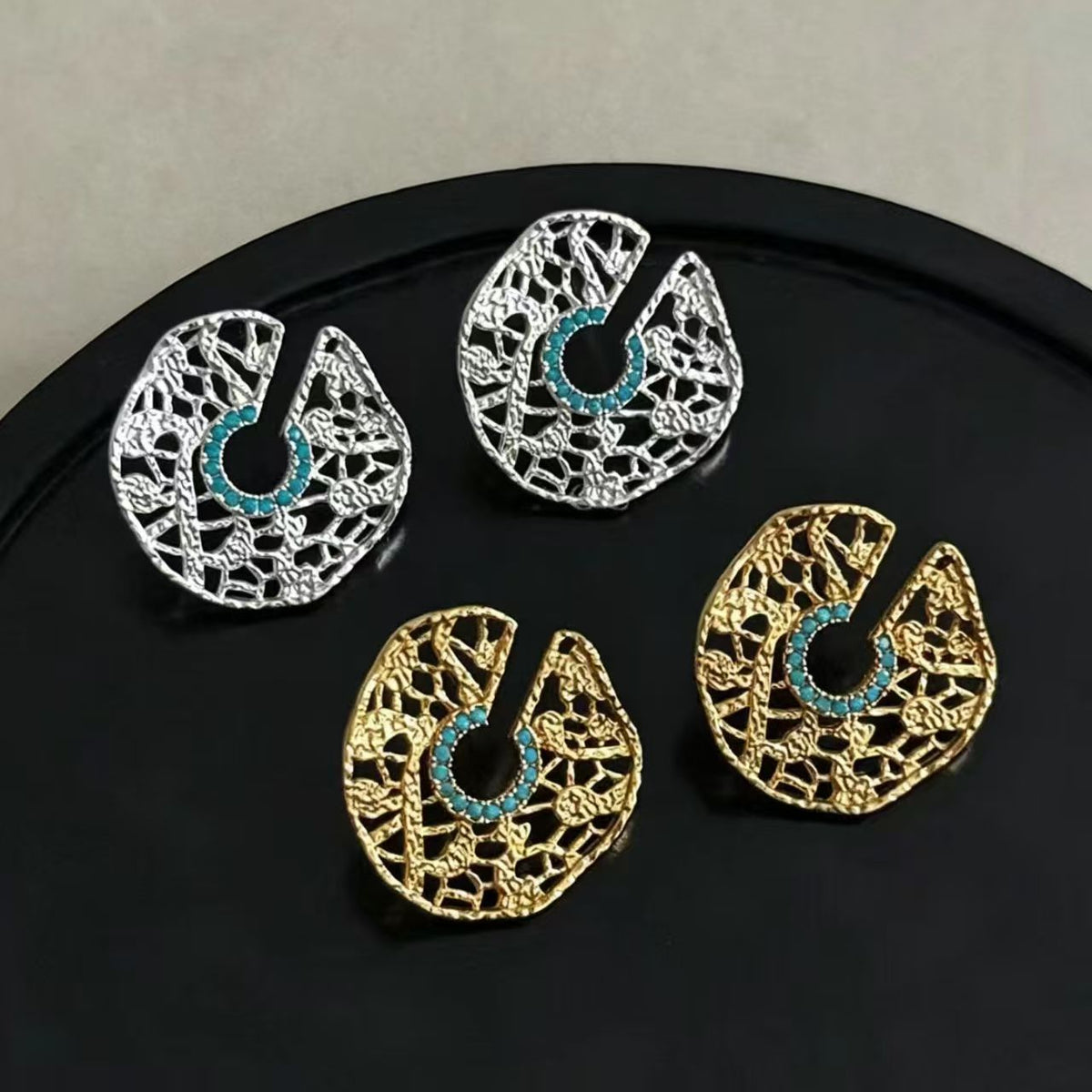 Gold & Blue Turquoise Hoop Earrings