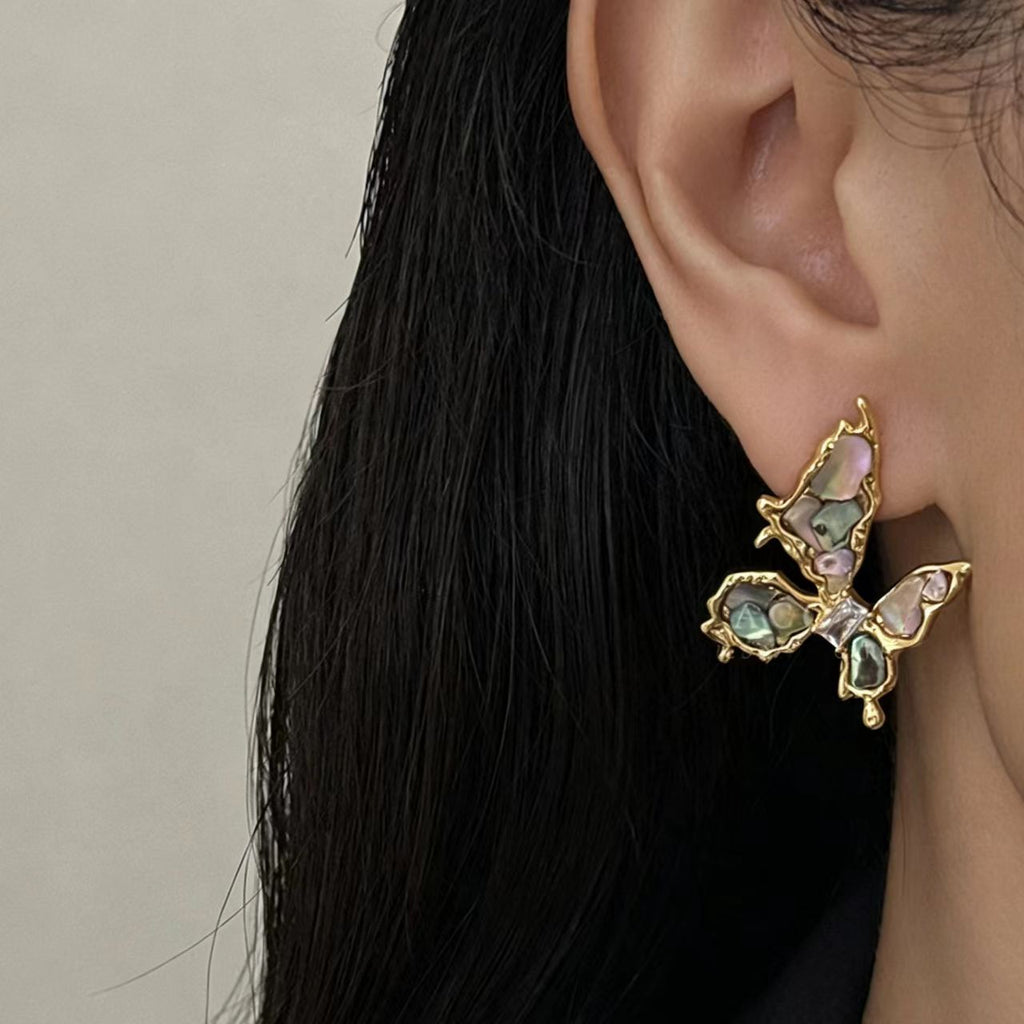 Multicolor Cubic Zirconia Natural Shell Gold-Plated Earrings