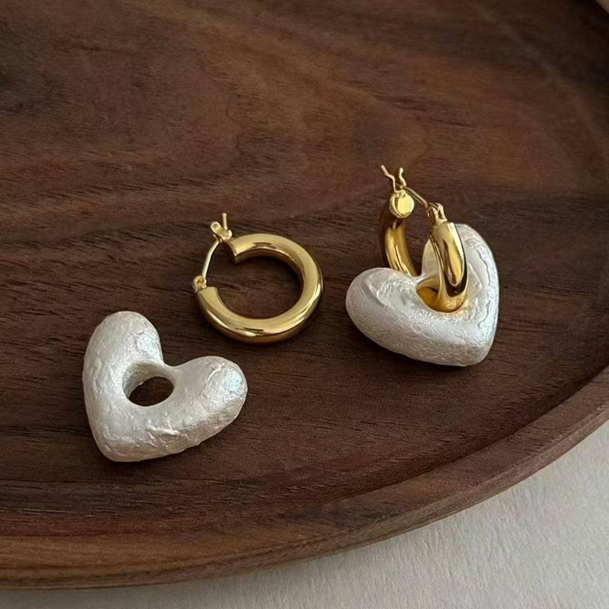 White Heart-Shaped Cotton Pearl Gold-Plated Earrings