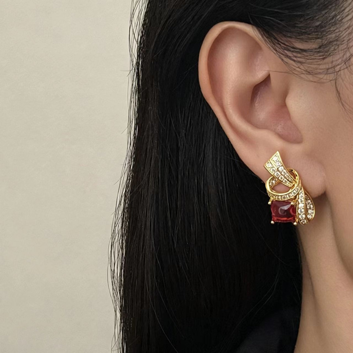 Dark Red Cubic Zirconia Rhinestone Earrings