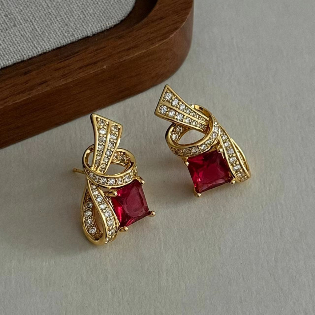 Dark Red Cubic Zirconia Rhinestone Earrings