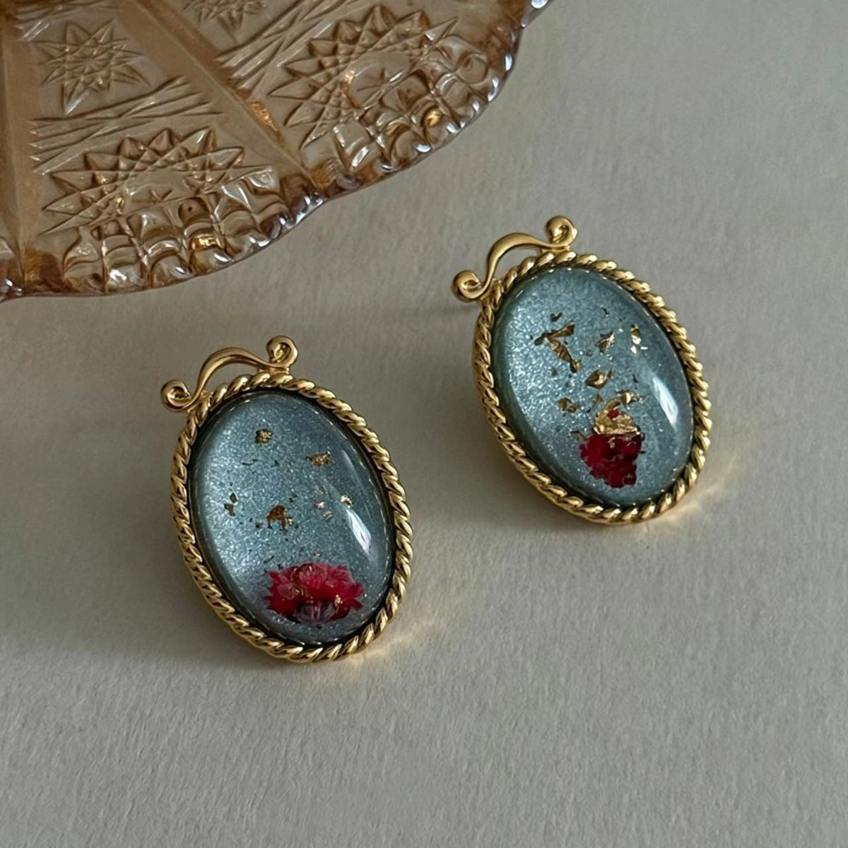 Blue Dried Flower Gold Foil Earrings