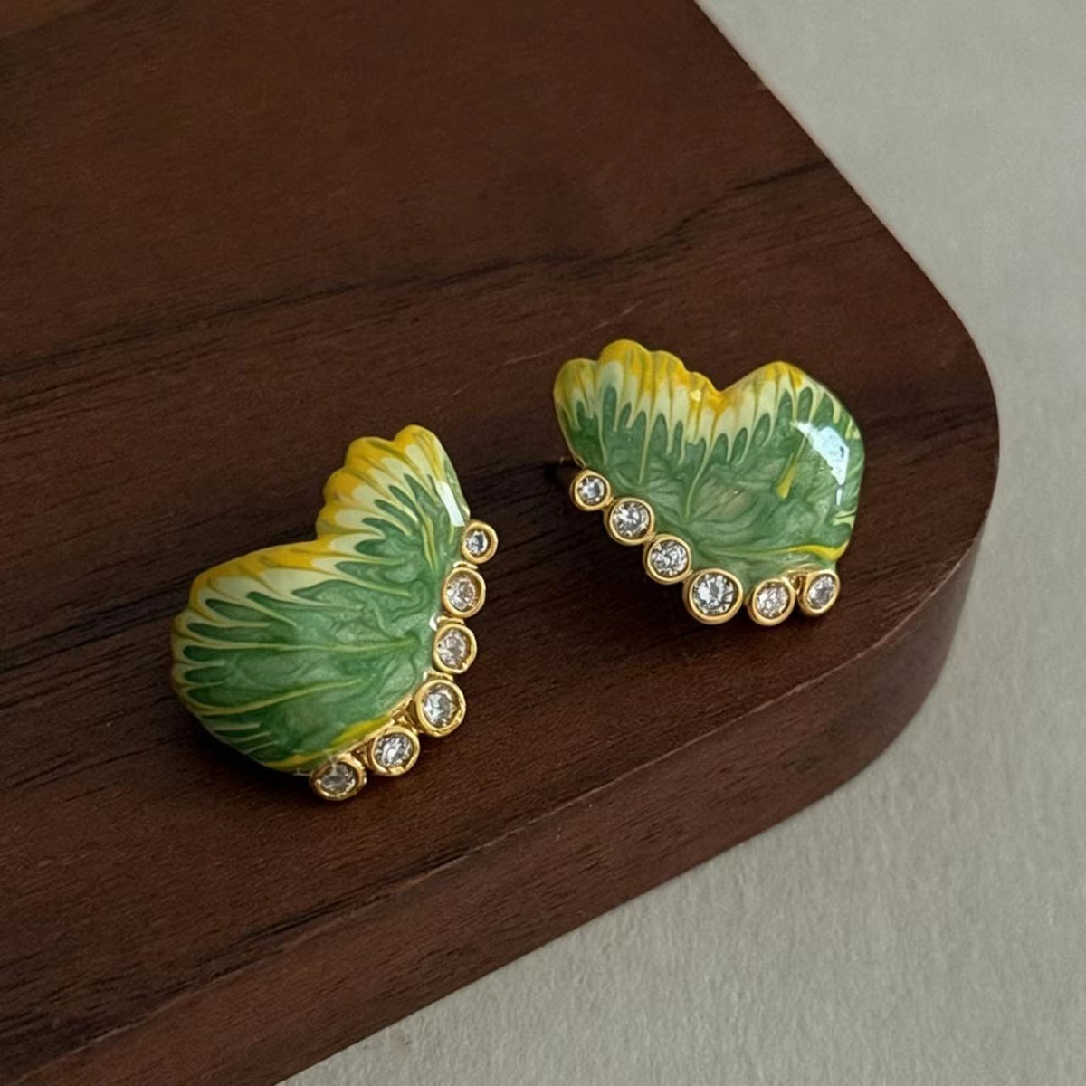 Green Rhinestone Enamel Gold-Plated Earrings