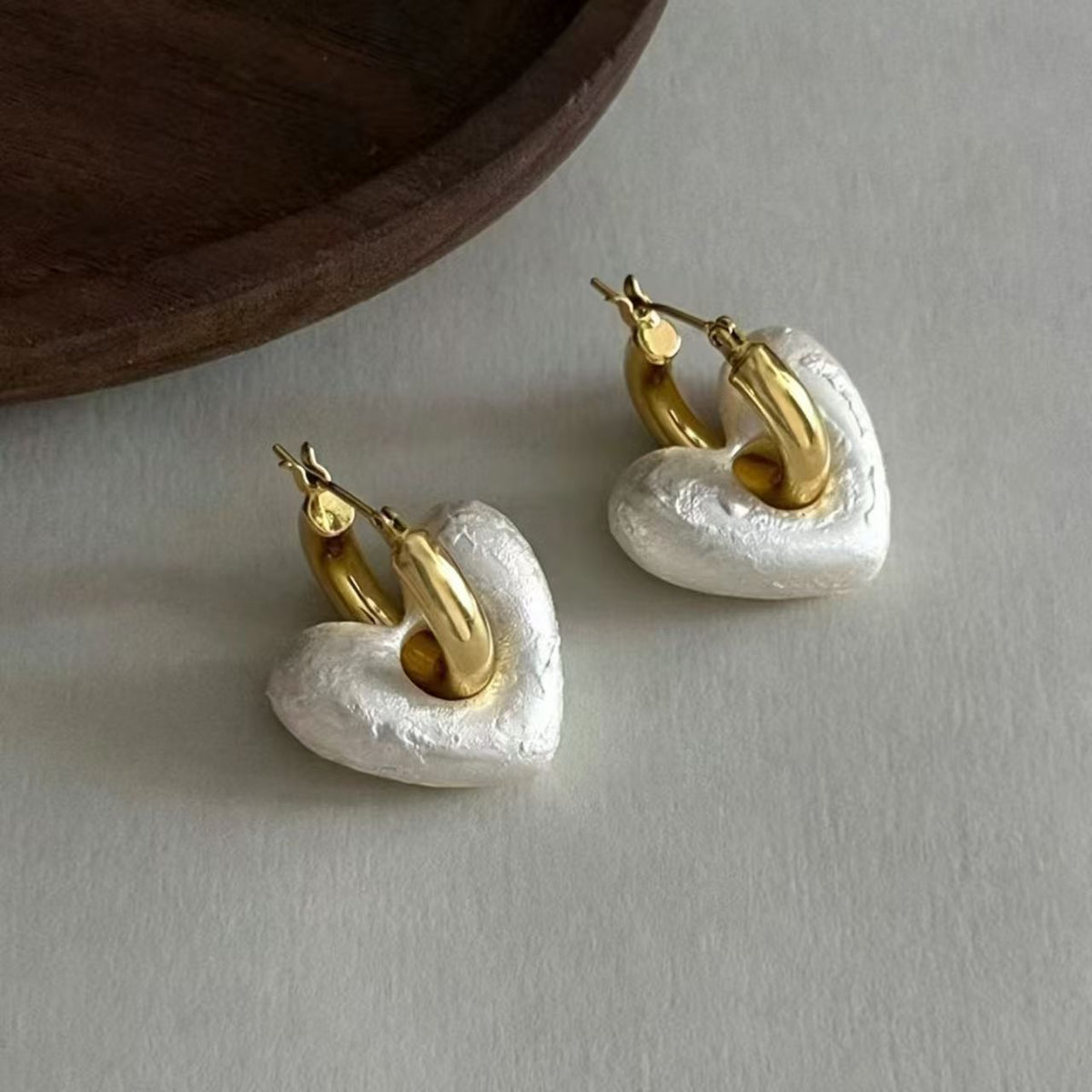 White Heart-Shaped Cotton Pearl Gold-Plated Earrings