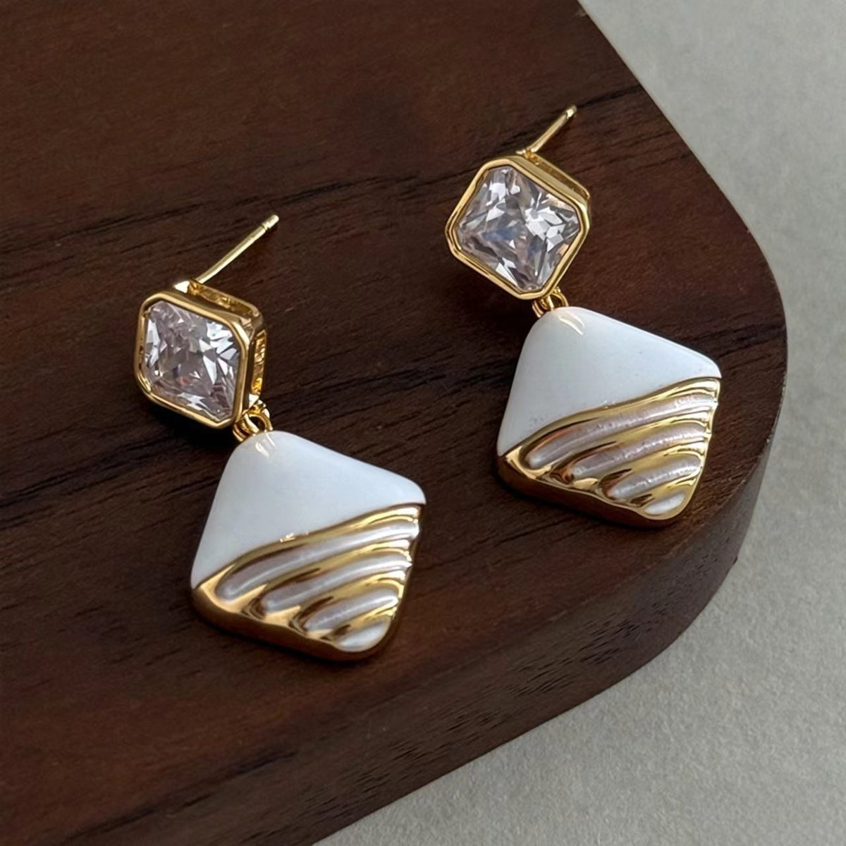 White Rhinestone Enamel Earrings