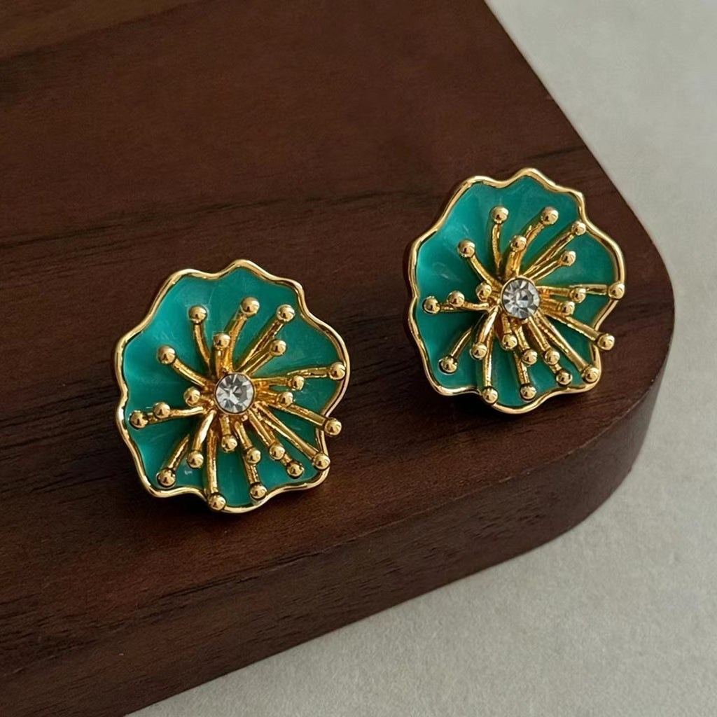 Green Enamel Rhinestone Gold Earrings