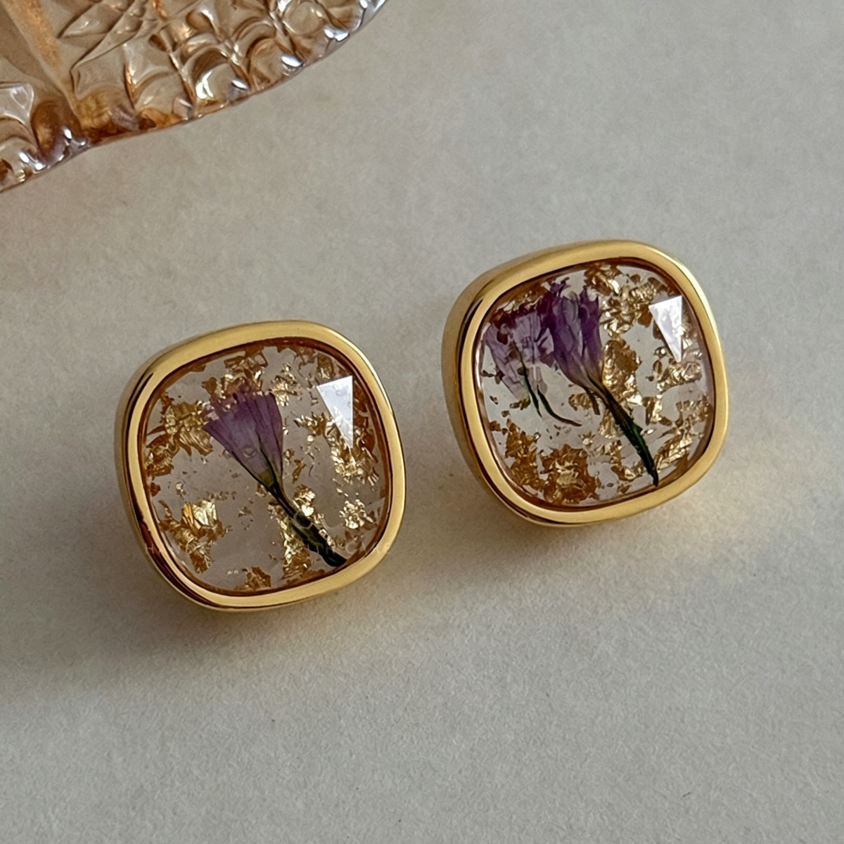 Gold & Purple Dried Flower Gold Foil Earrings