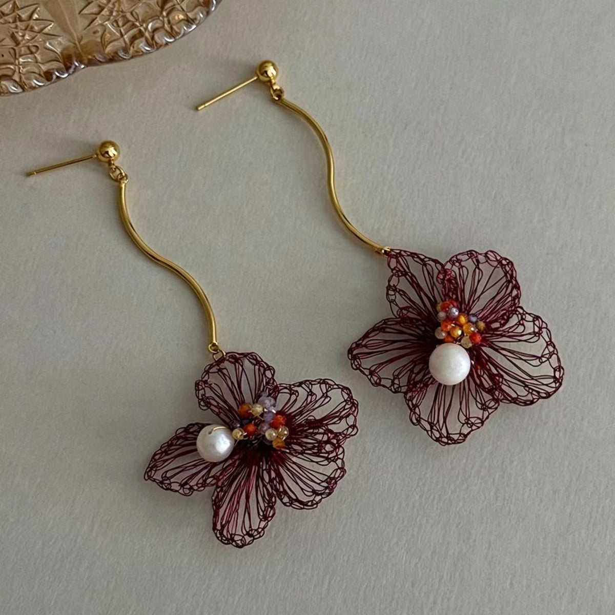 Red Freshwater Pearl Crystal Bead Earrings