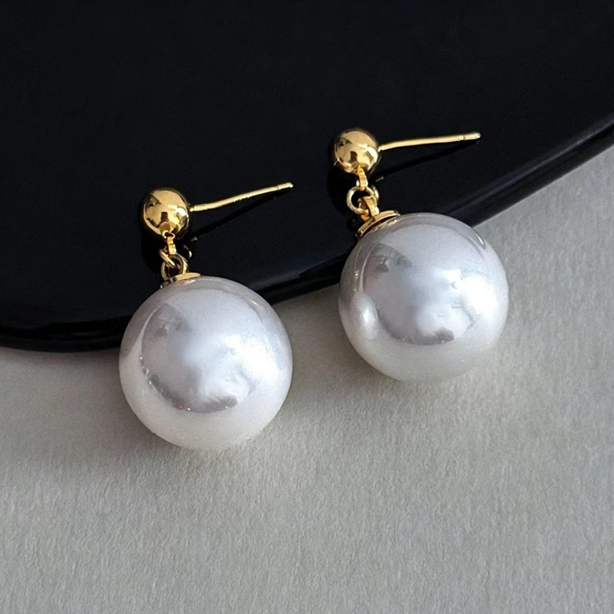 Pure White Glass Bead Gold Drop Earrings