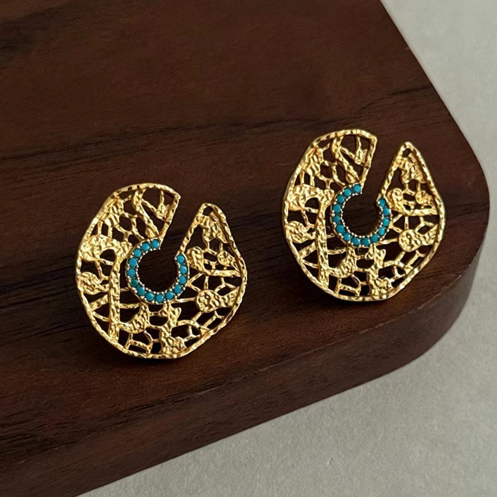 Gold & Blue Turquoise Hoop Earrings