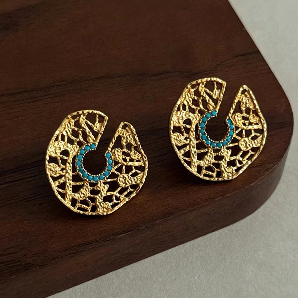 Gold & Blue Turquoise Hoop Earrings