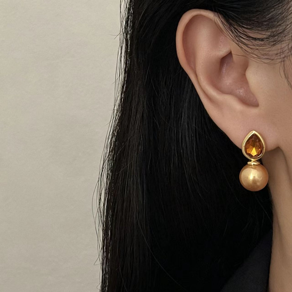 Champagne Gold Glass Bead Resin Stone Earrings