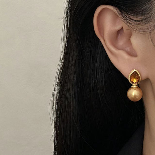 Champagne Gold Glass Bead Resin Stone Earrings