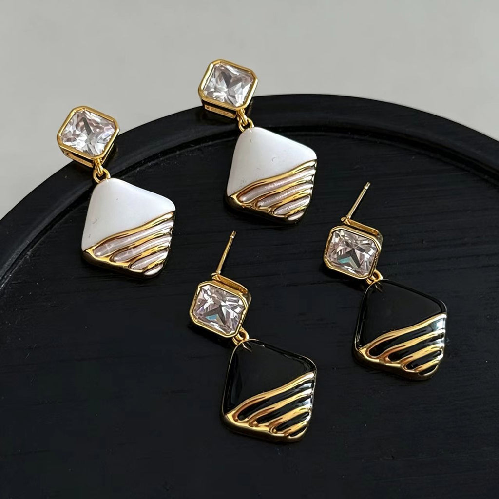 White Rhinestone Enamel Earrings