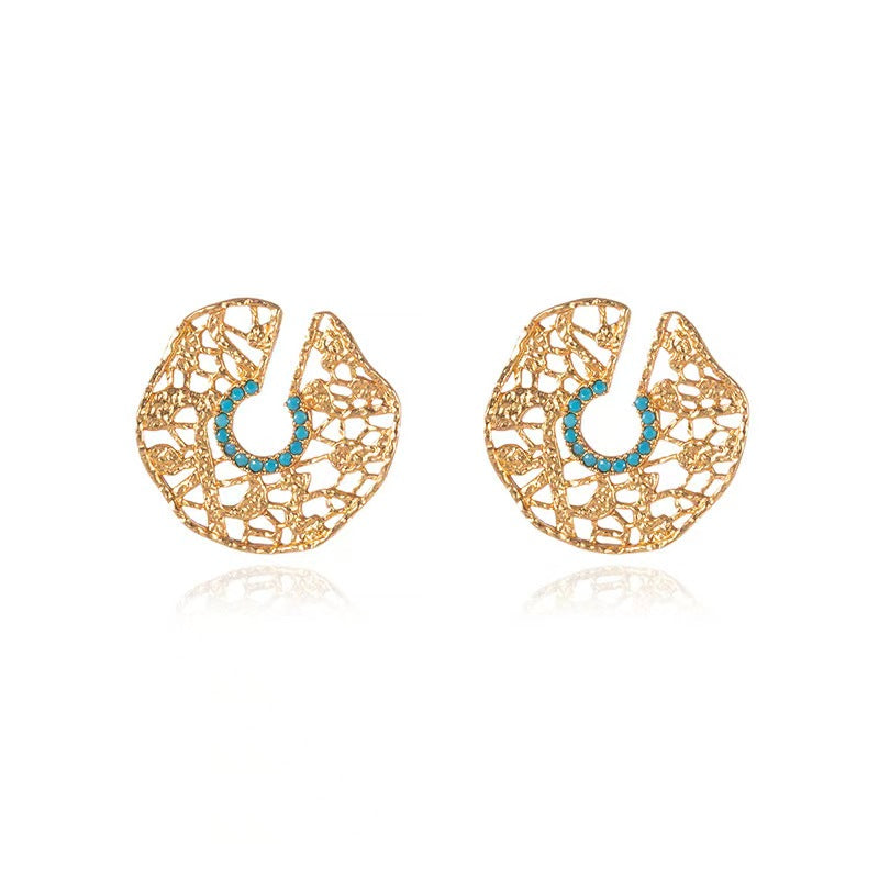 Gold & Blue Turquoise Hoop Earrings