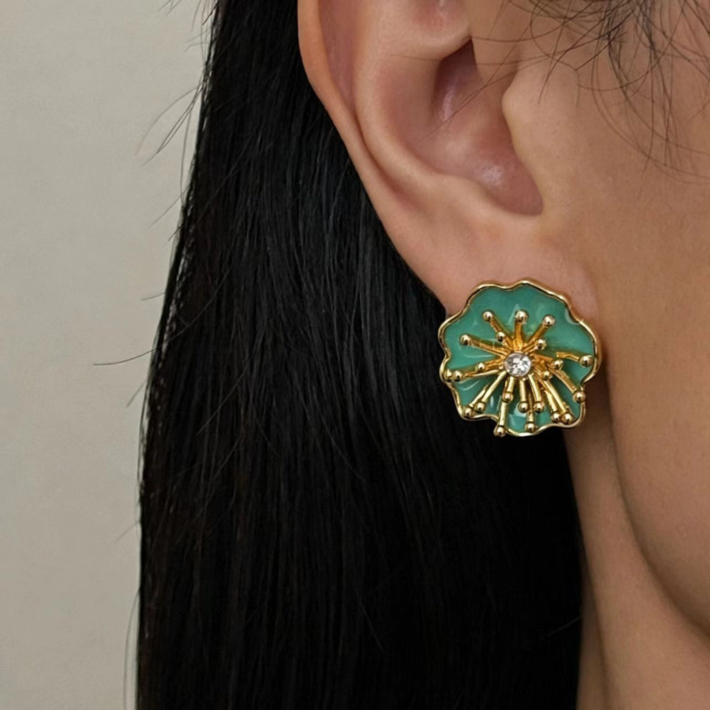 Green Enamel Rhinestone Gold Earrings