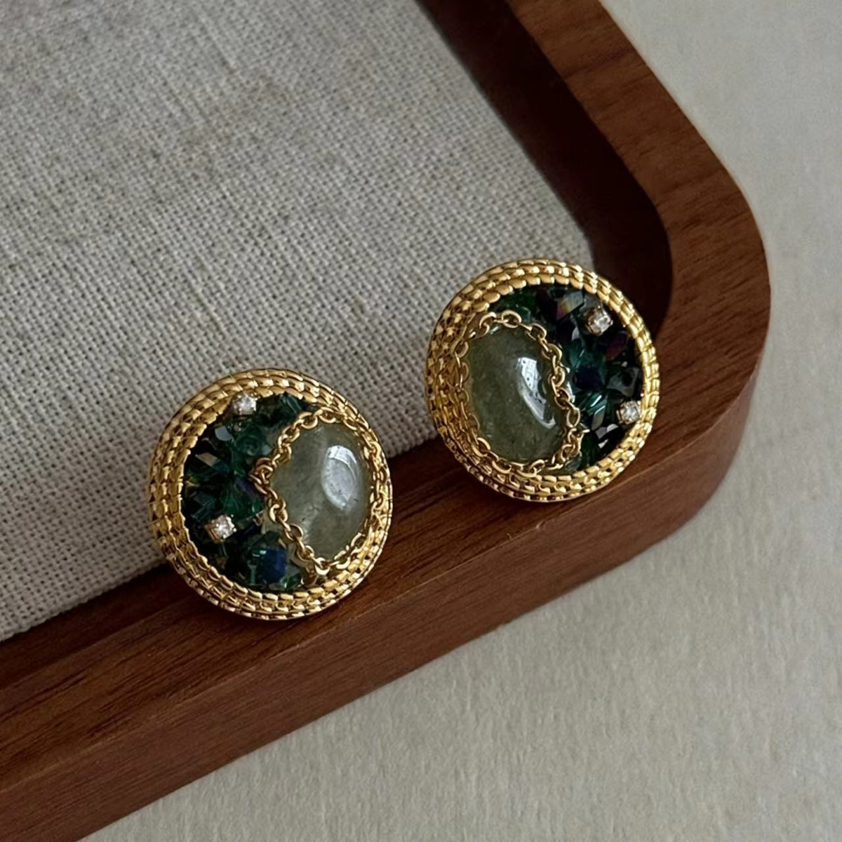 Gold & Green Natural Stone Crystal Earrings