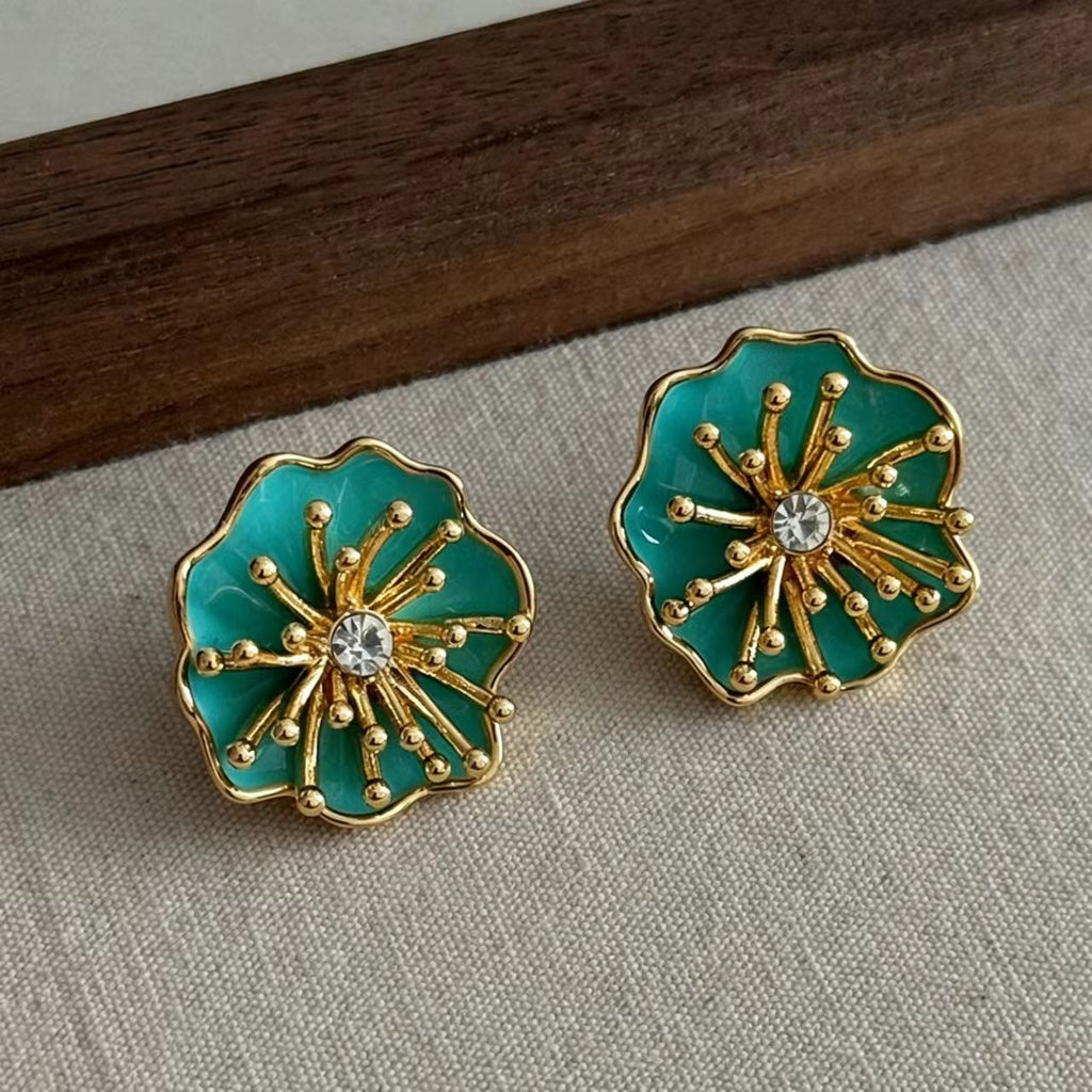 Green Enamel Rhinestone Gold Earrings