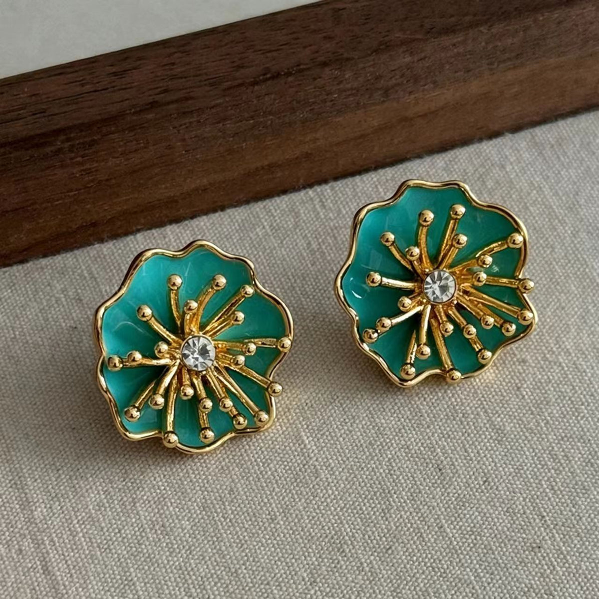 Green Enamel Rhinestone Gold Earrings