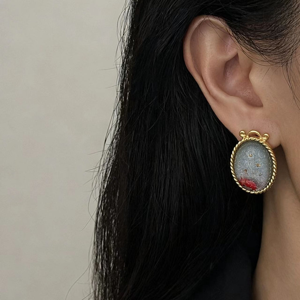 Blue Dried Flower Gold Foil Earrings