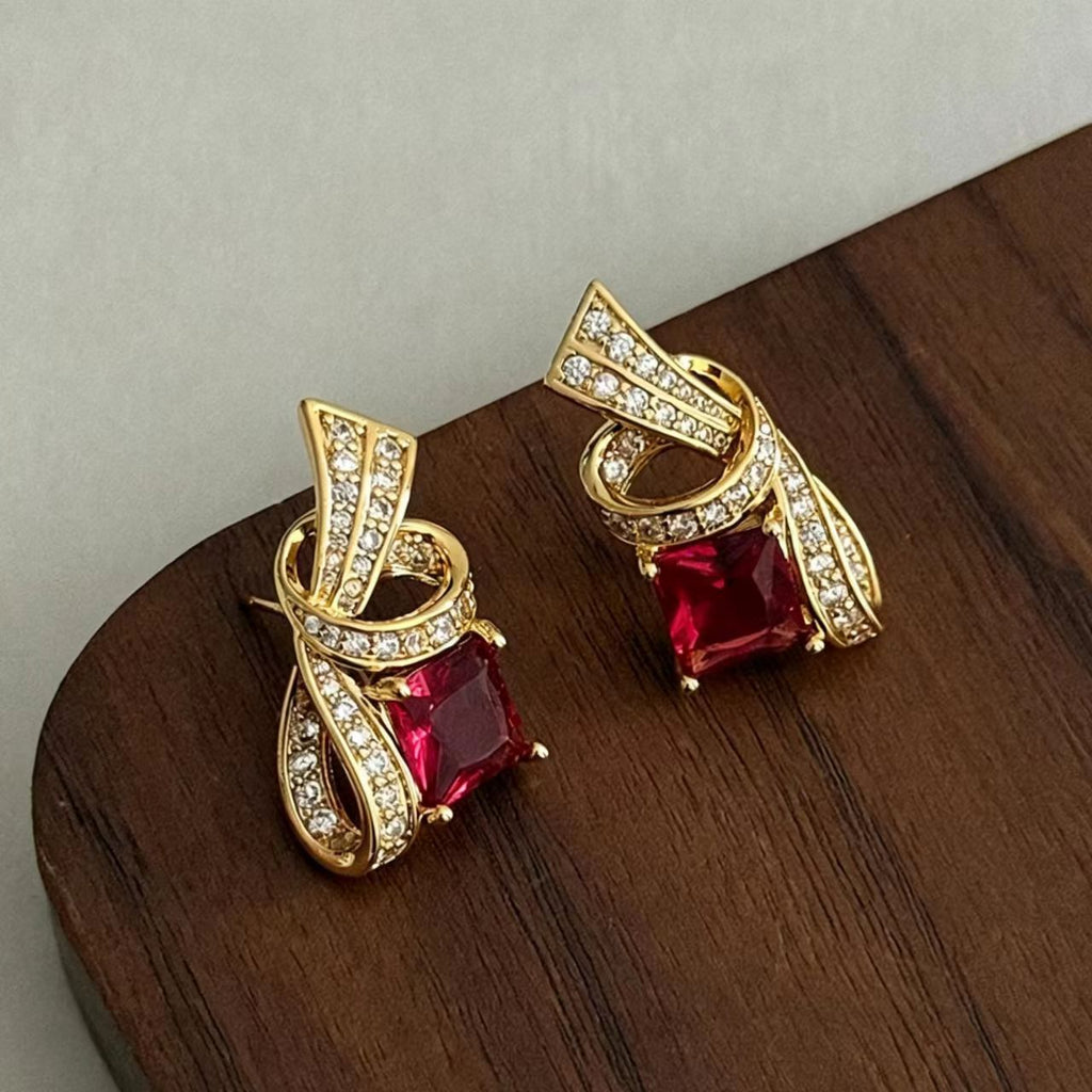 Dark Red Cubic Zirconia Rhinestone Earrings
